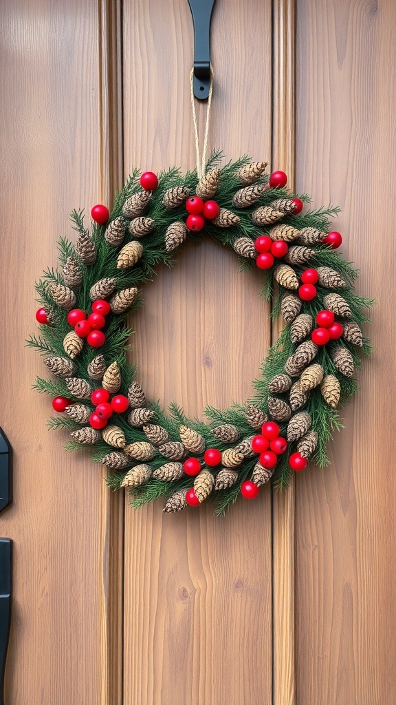 A rustic wreath made of pinecones and red berries hanging on a wooden door.
