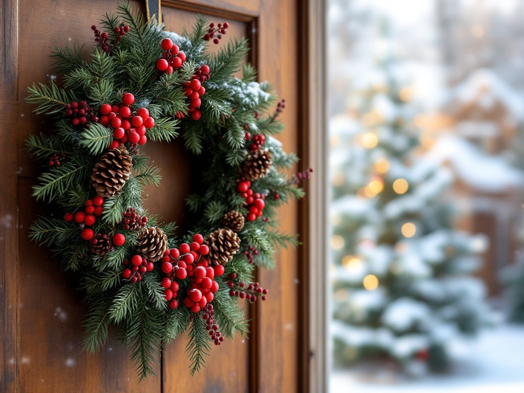 A rustic pinecone and berry wreath hanging on a wooden door, with a snowy background and a Christmas tree in the distance.