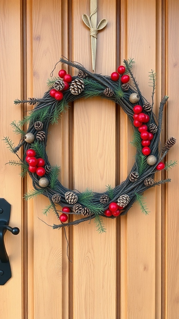 A rustic wreath made of pinecones and red berries hanging on a wooden door.