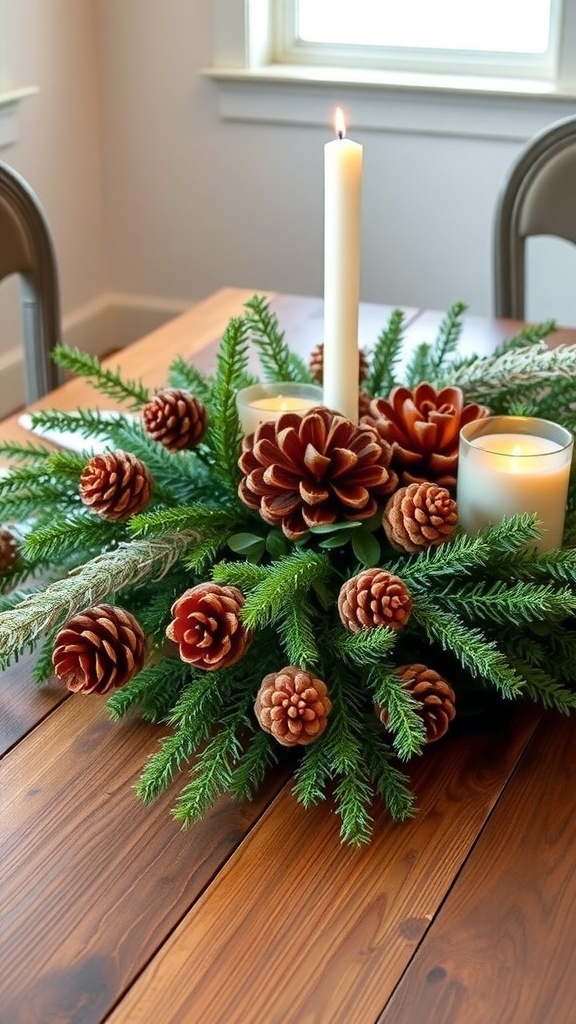 A rustic centerpiece featuring pinecones, greenery, and candles on a wooden table.