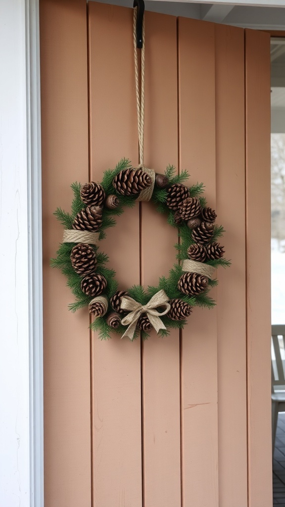 A rustic pinecone wreath hanging on a front door.