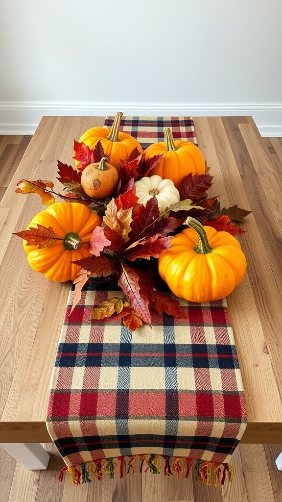 A rustic plaid table runner with pumpkins and autumn leaves on a wooden table.