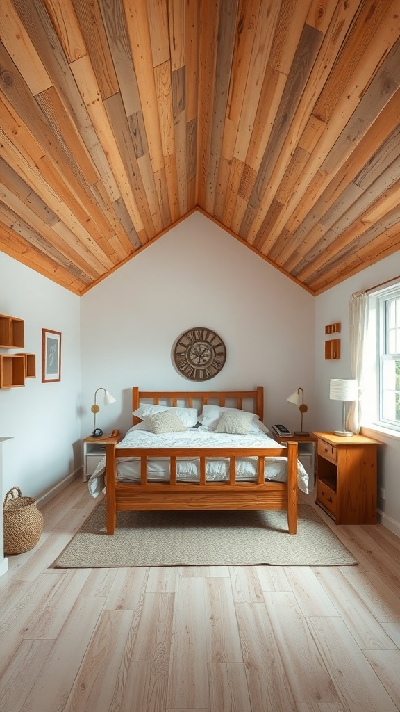 A cozy bedroom featuring a rustic wooden plank ceiling, wooden bed frame, and light-colored walls.