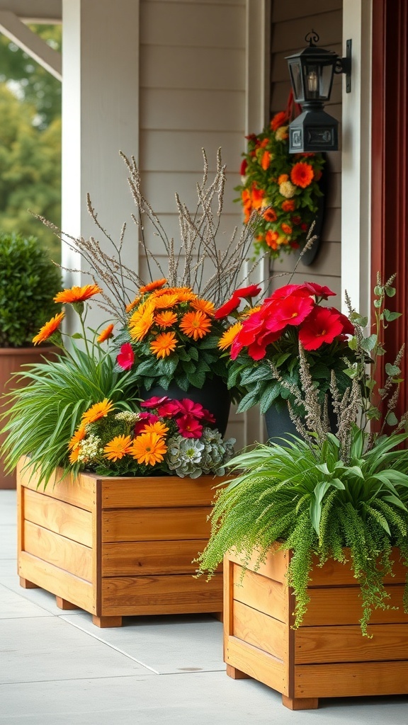 Rustic wooden planters filled with vibrant orange and red flowers on a porch.