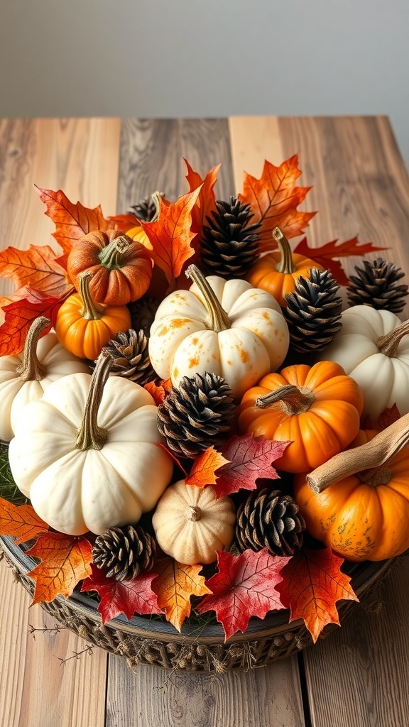 A rustic pumpkin arrangement featuring orange and white pumpkins, pinecones, and autumn leaves.