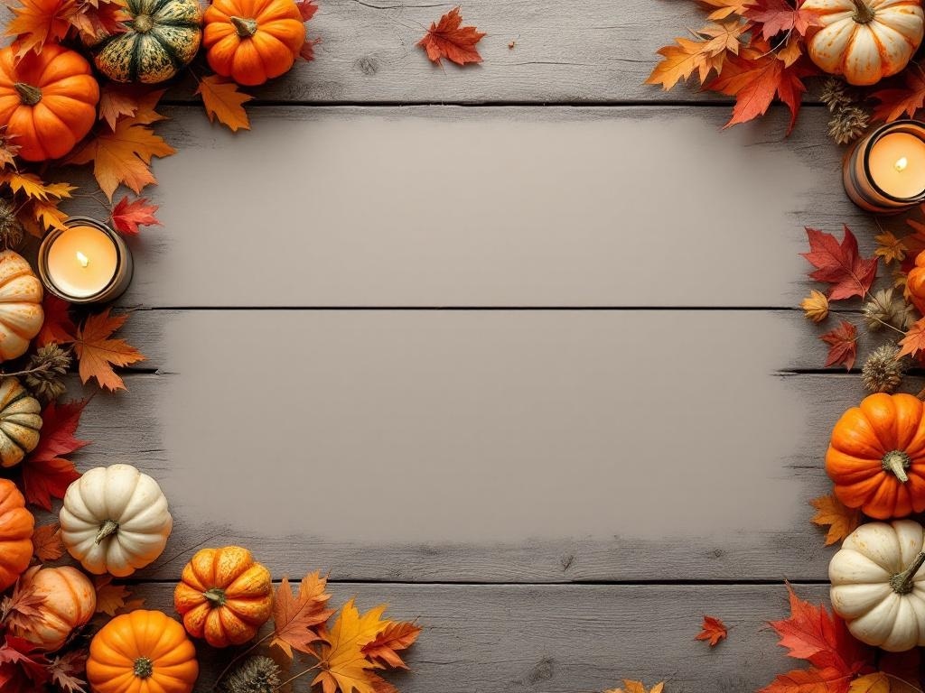 A rustic fall centerpiece featuring pumpkins, colorful leaves, and candles on a wooden table.