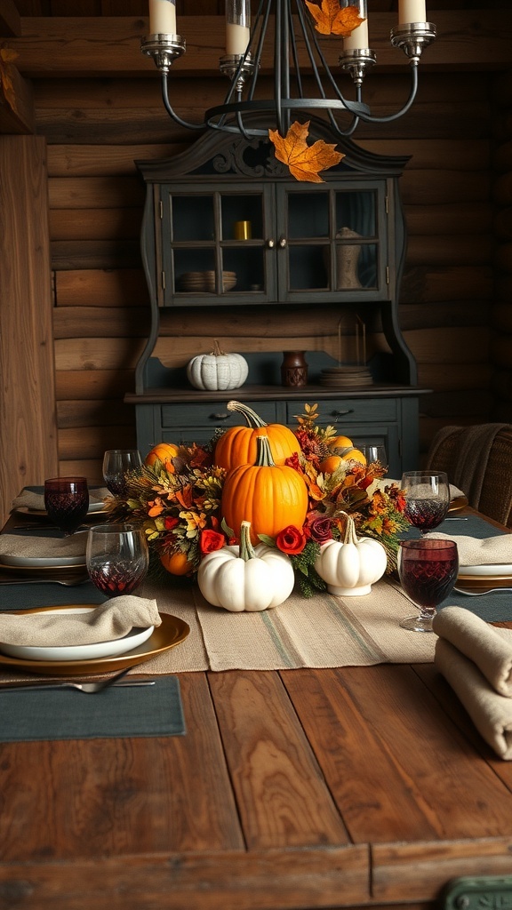 A rustic table setting featuring a pumpkin centerpiece with colorful leaves and flowers, creating a cozy fall atmosphere.