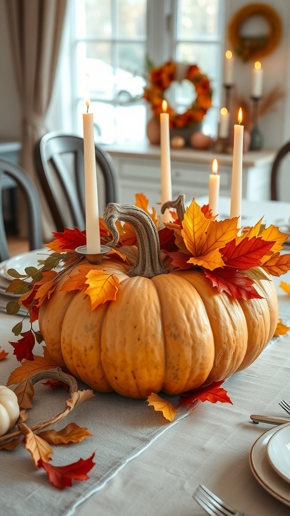A rustic pumpkin centerpiece with candles and autumn leaves on a dining table