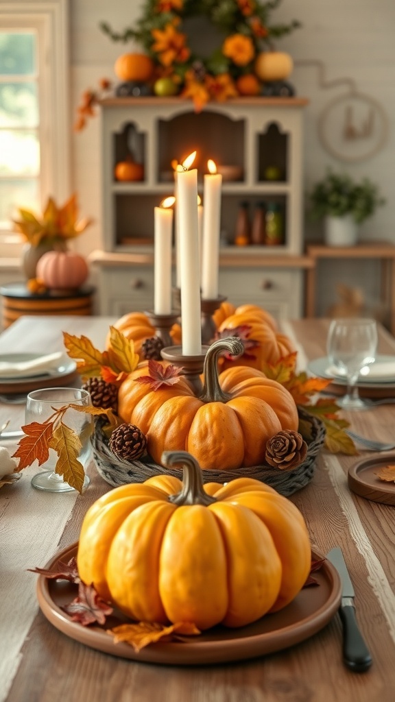 A rustic table setting featuring pumpkins, candles, and autumn leaves.