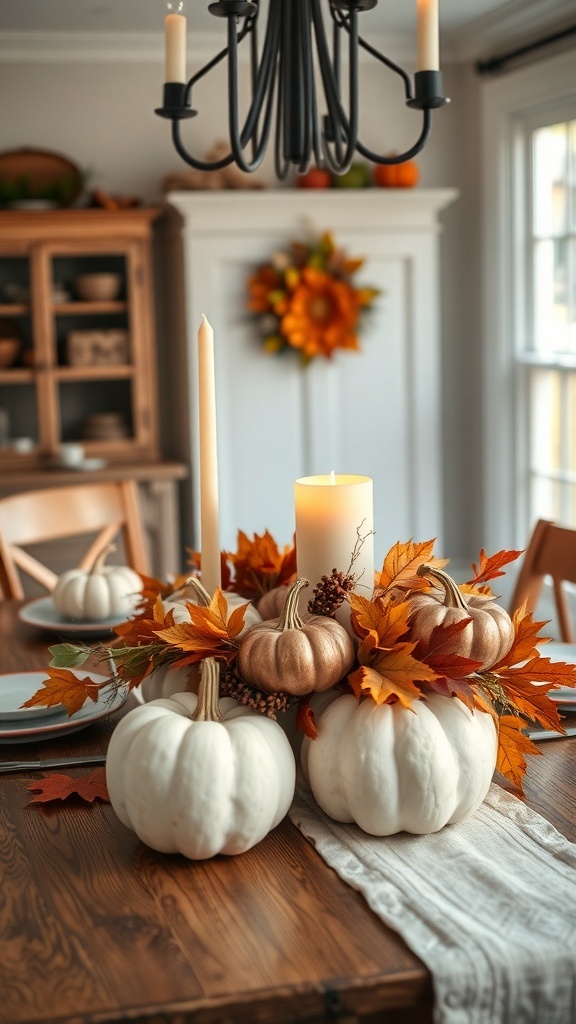 A rustic pumpkin centerpiece with white and golden pumpkins, autumn leaves, and a candle on a wooden table.