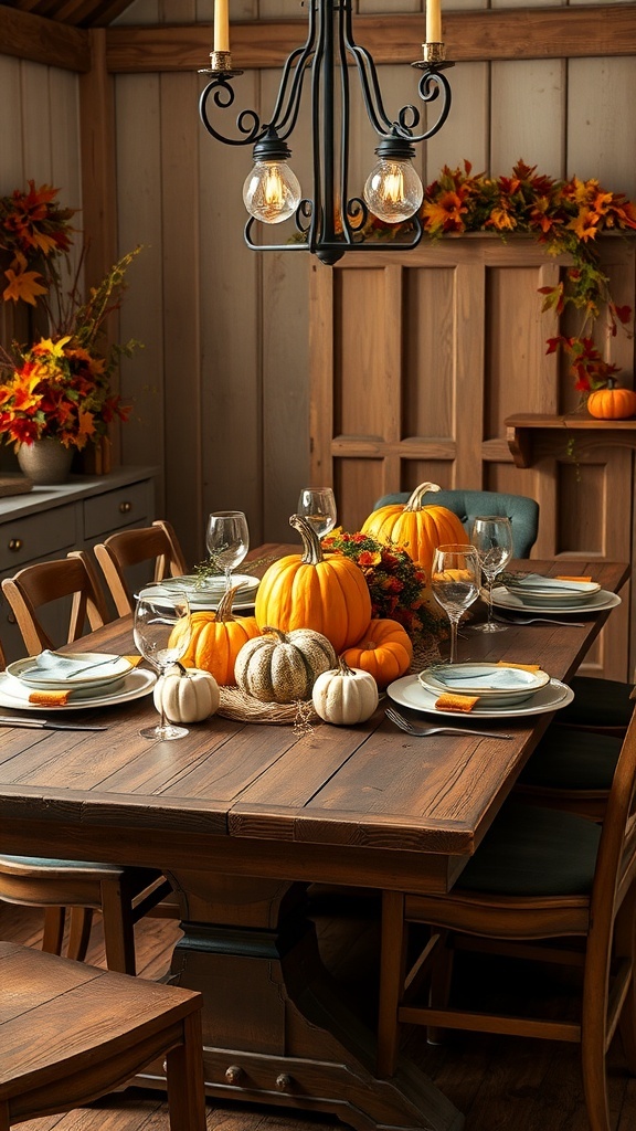 A rustic dining table decorated with pumpkins and fall decor.