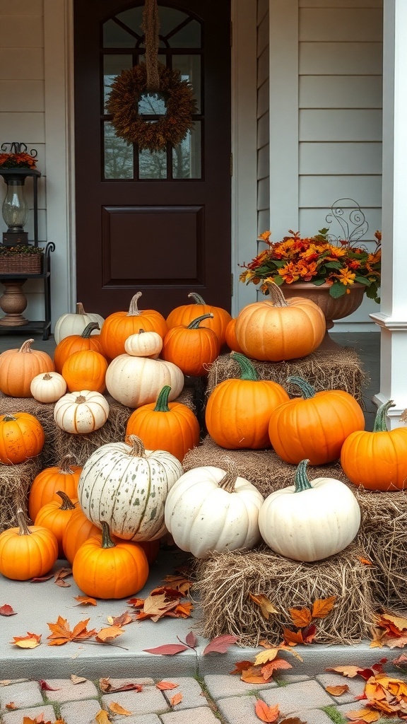 A rustic pumpkin display on a front porch with various pumpkins, hay bales, and autumn leaves.