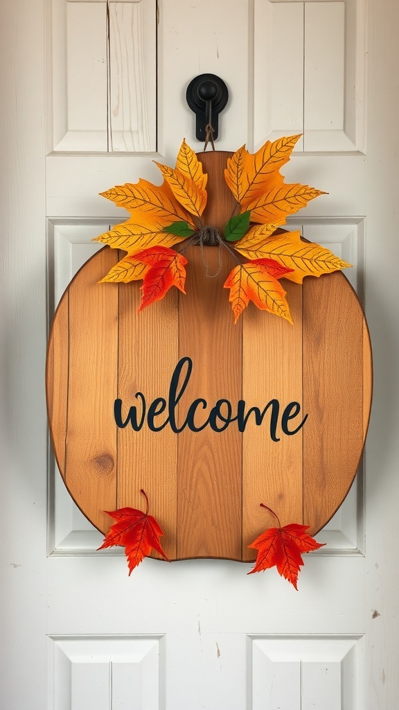 A rustic pumpkin-shaped sign with autumn leaves, designed for fall decoration.