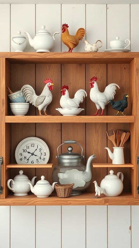 A rustic wooden shelf displaying various rooster figurines and white kitchenware.