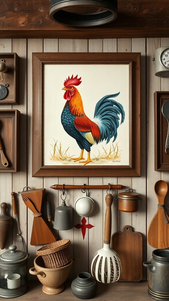 A colorful rooster painting in a rustic frame, surrounded by kitchen utensils and decor.