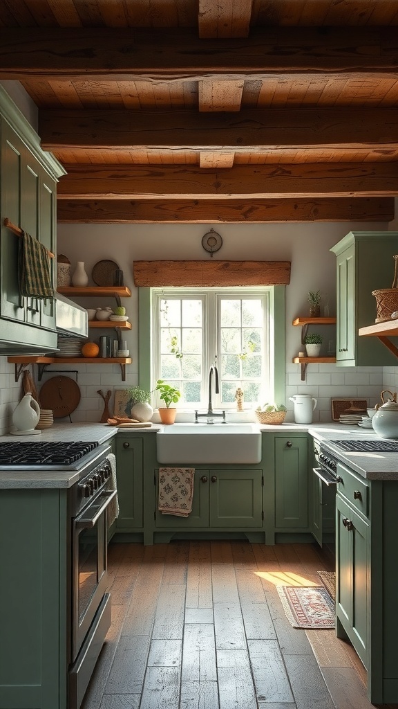 A rustic sage green kitchen featuring wooden beams and cozy decor.
