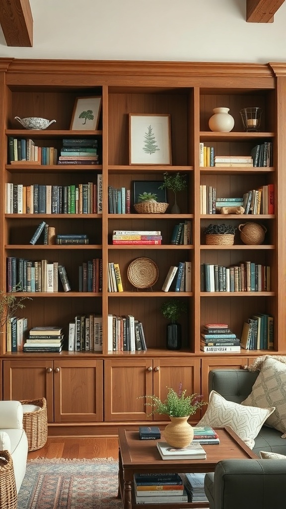 A wooden bookshelf filled with books, decorative items, and plants in a cozy living room.