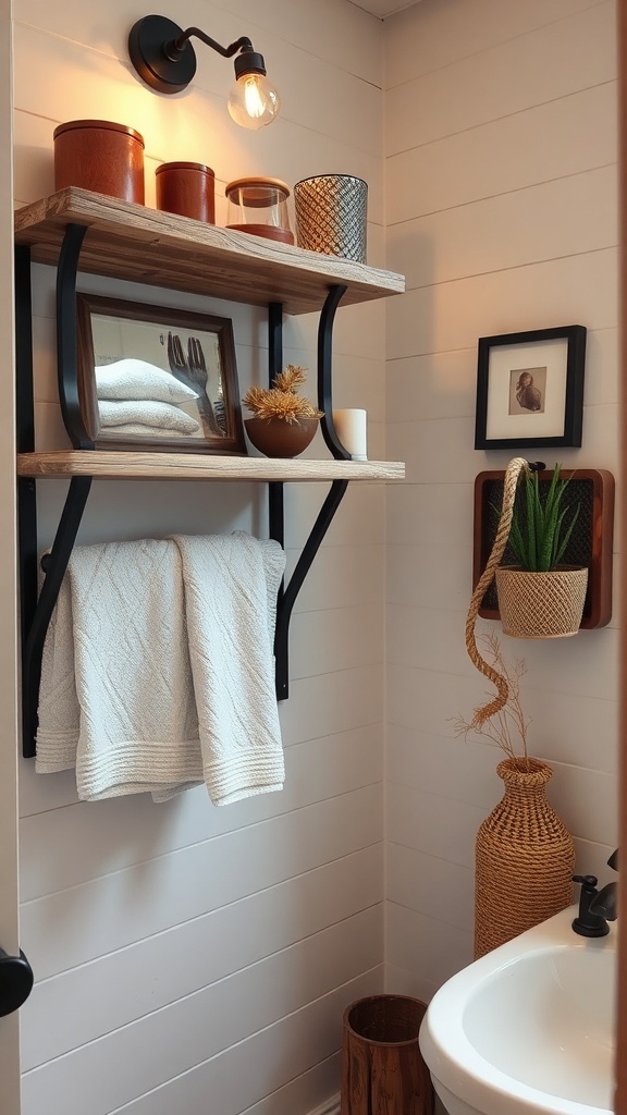 Rustic bathroom shelving with wooden shelves, metal brackets, and decorative items.