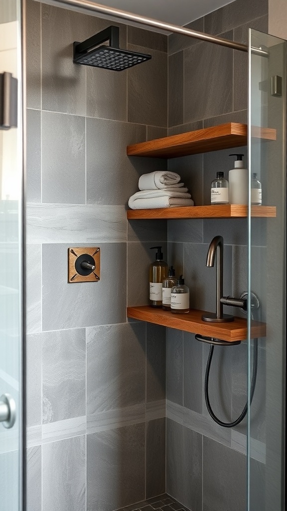 A rustic walk-in shower featuring wooden shelves with towels and toiletries.