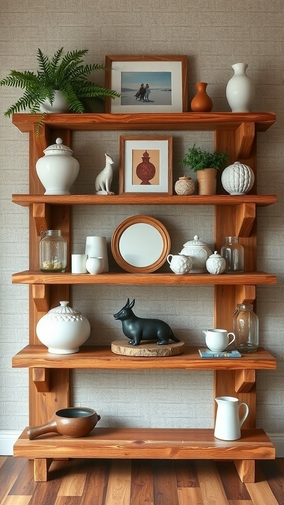 A rustic wooden shelving unit displaying various decorative items and plants.