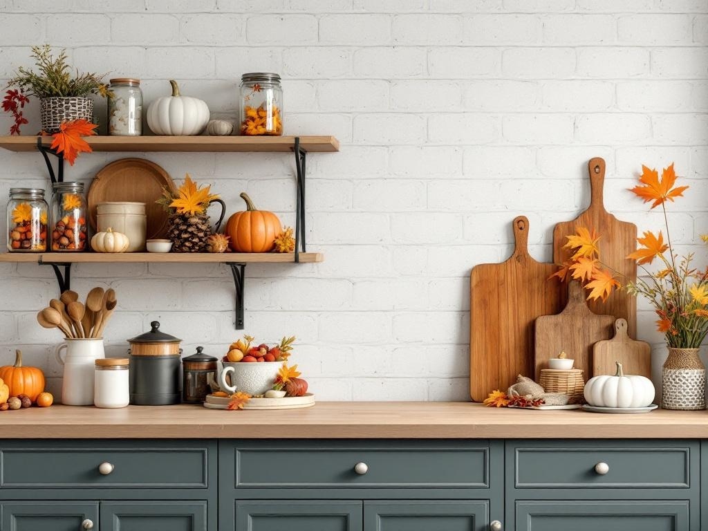 Rustic kitchen shelves decorated with pumpkins, leaves, and jars, showcasing fall decor.
