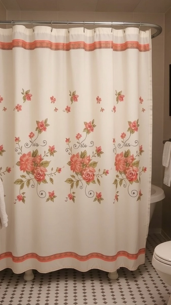 A floral patterned shower curtain with roses and leaves in a rustic bathroom setting.