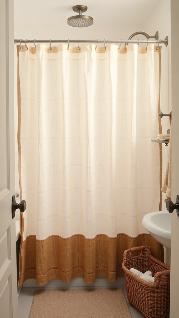 A rustic shower curtain in a small bathroom, featuring natural fabrics and earthy tones.
