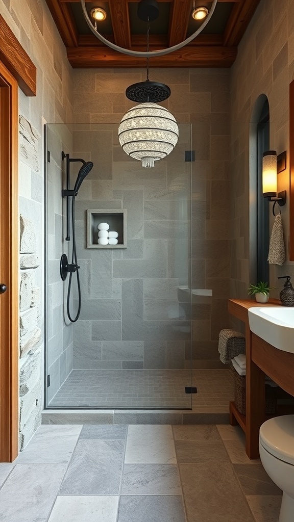 A rustic bathroom shower featuring stone tiles, wooden accents, and a glass enclosure.