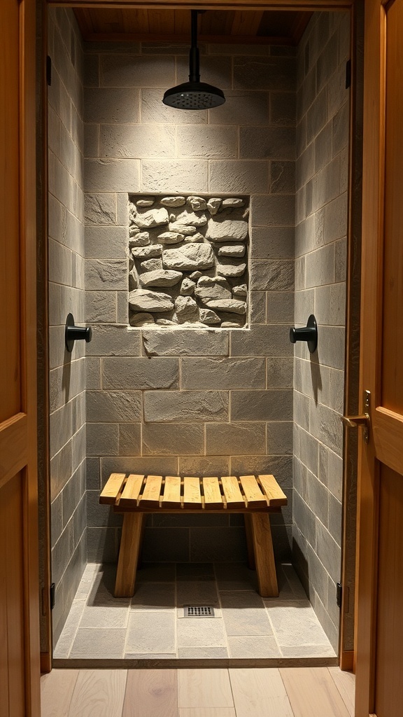 A rustic shower with stone walls and a wooden bench.