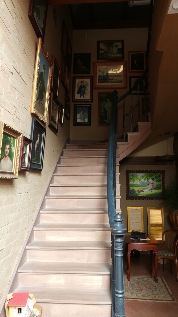 A rustic staircase with artwork on the walls, featuring wooden steps and a metal railing.