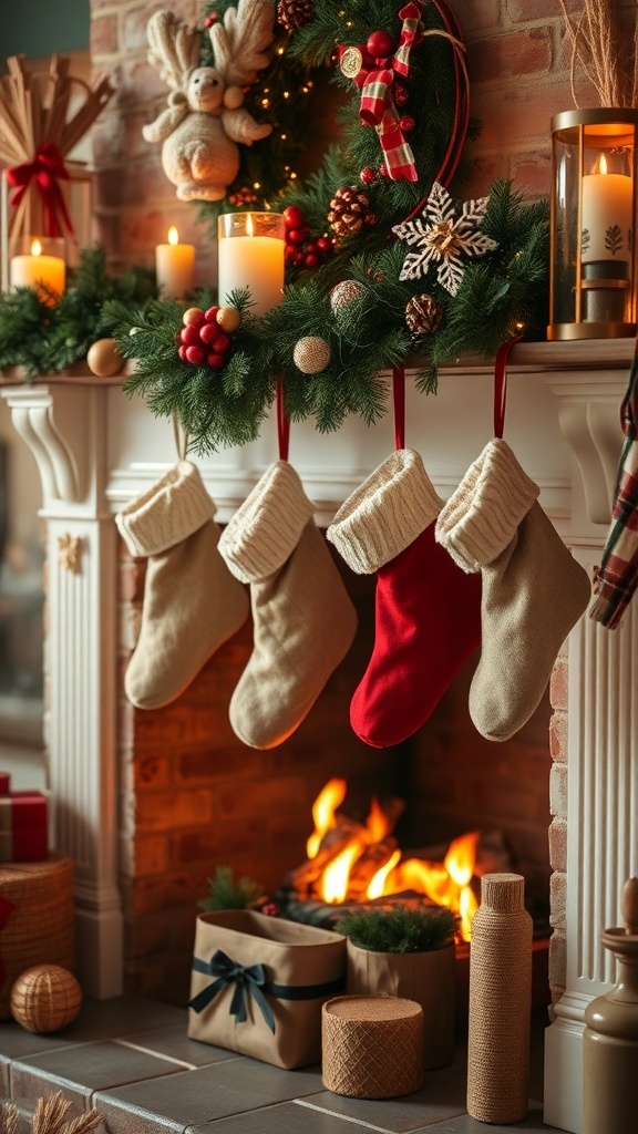 Rustic stockings hanging by a fireplace decorated for Christmas.
