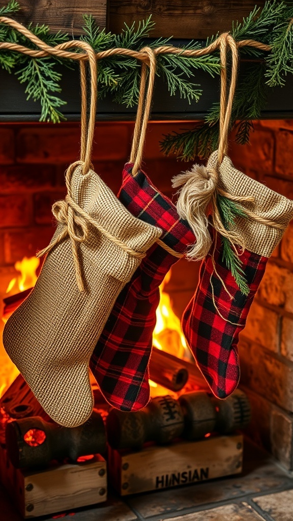Three rustic stockings hanging by a fireplace, decorated with greenery.