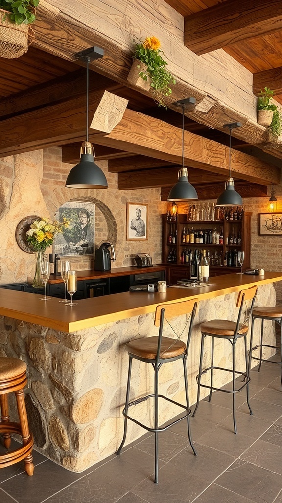 A rustic bar featuring a stone wall with wooden shelves and a warm wooden countertop.