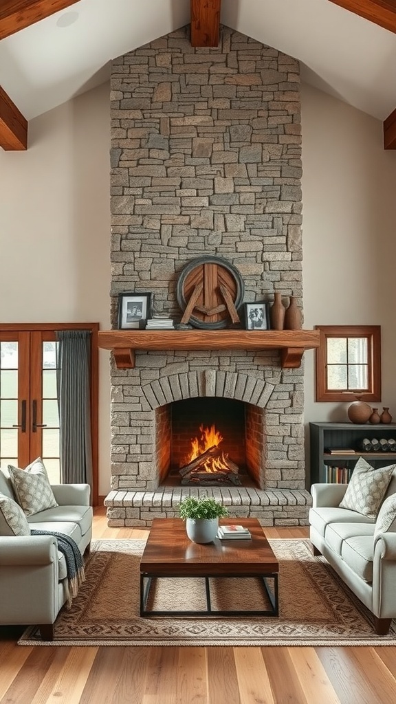 A rustic stone fireplace in a farmhouse living room with cozy seating.