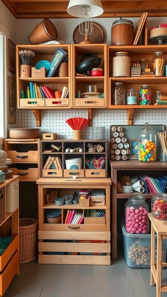 A vintage craft room with wooden shelves filled with various supplies, jars, and baskets.