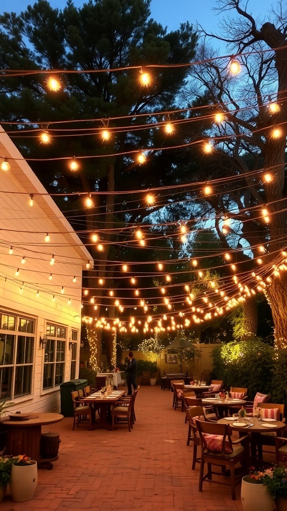 A cozy outdoor setting with rustic string lights illuminating a dining area.