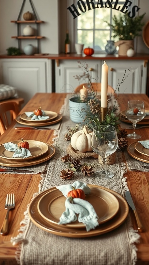 A rustic table setting featuring wooden plates, linen napkins, small pumpkins, and pinecones.