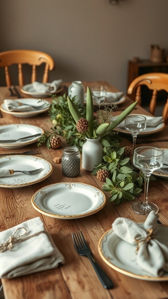 A rustic table setting with plates, cutlery, and natural decor.