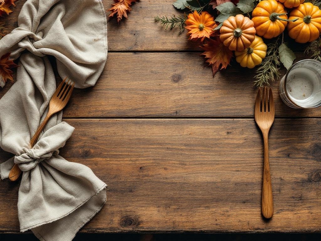 A rustic Thanksgiving table setting with linen napkins, wooden forks, pumpkins, and autumn leaves.