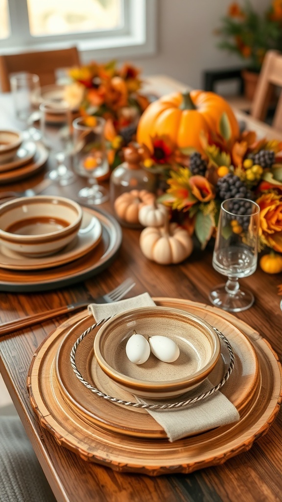 A rustic Thanksgiving dinner table setting with clay plates, pumpkins, and natural decorations.