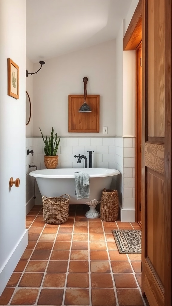 A cozy bathroom featuring rustic terracotta tiles, a freestanding bathtub, and natural decor.
