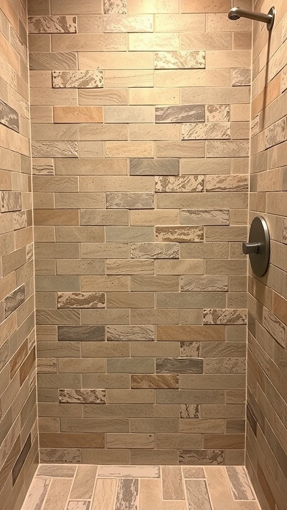Rustic tile patterns in a walk-in shower with earthy tones and textures.