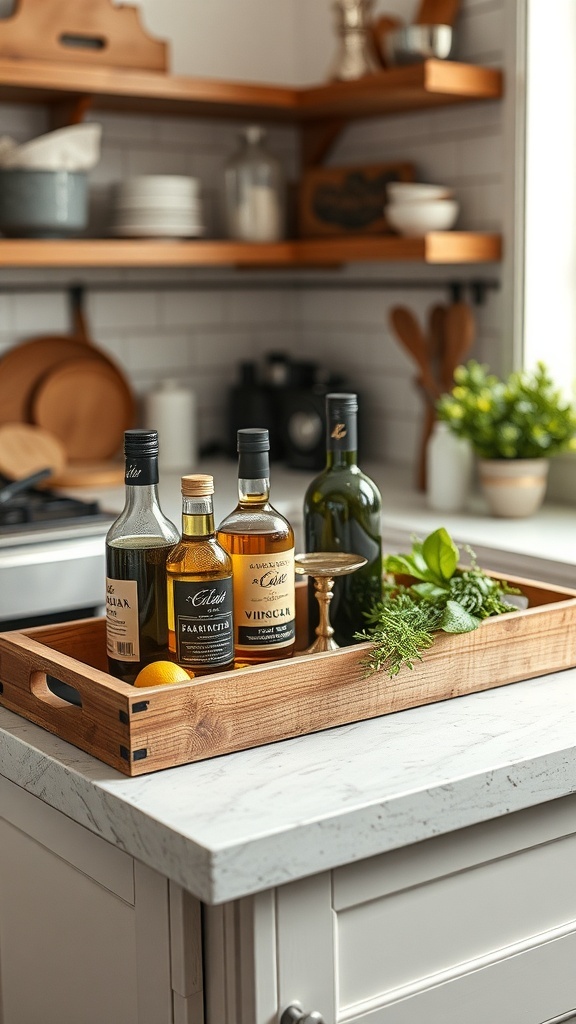 A rustic wooden tray displaying various bottles of oil, a lemon, and fresh herbs on a kitchen counter.