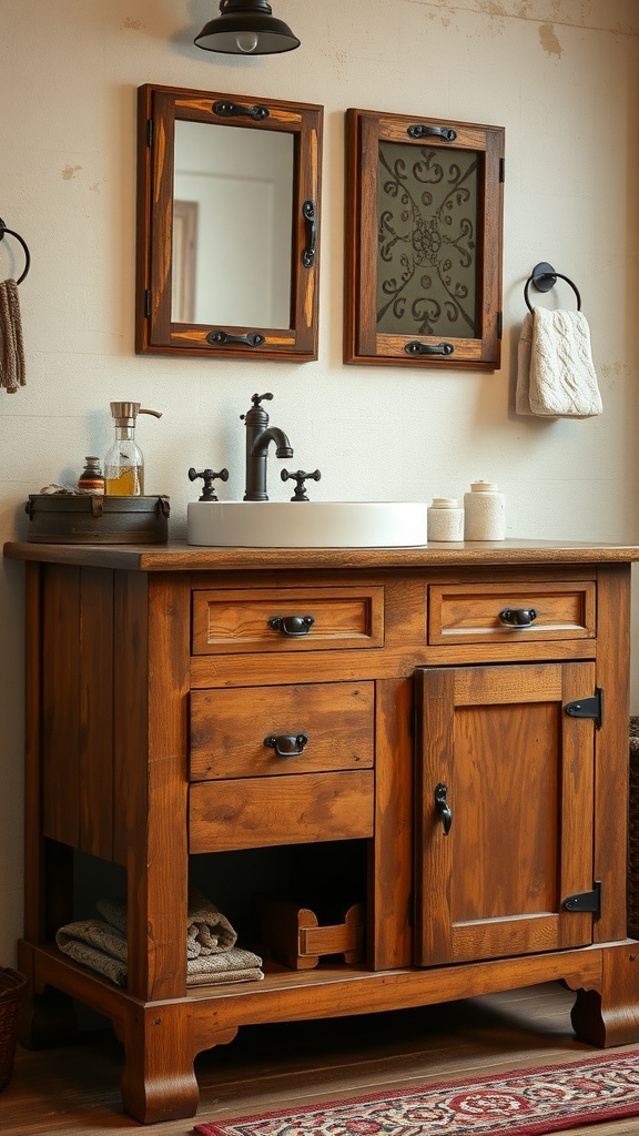 A rustic bathroom vanity with vintage hardware and a mirror.