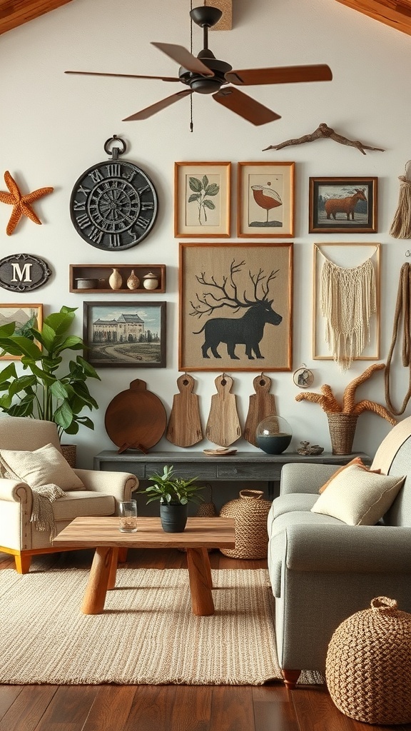 A cozy living room featuring rustic wall art and crafts, including framed nature prints and wooden decor.