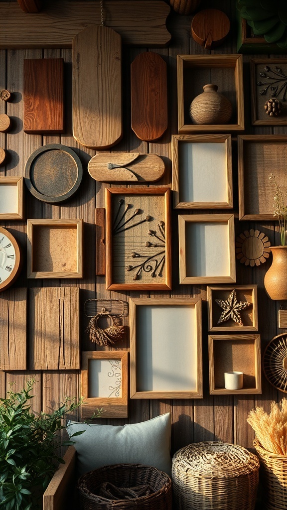 A collection of rustic wall art pieces in various frames, featuring nature themes and vintage designs.