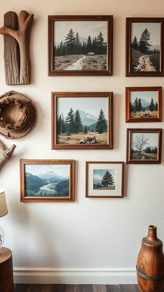 A collection of rustic wall art featuring nature photographs in wooden frames, complemented by natural decor elements.