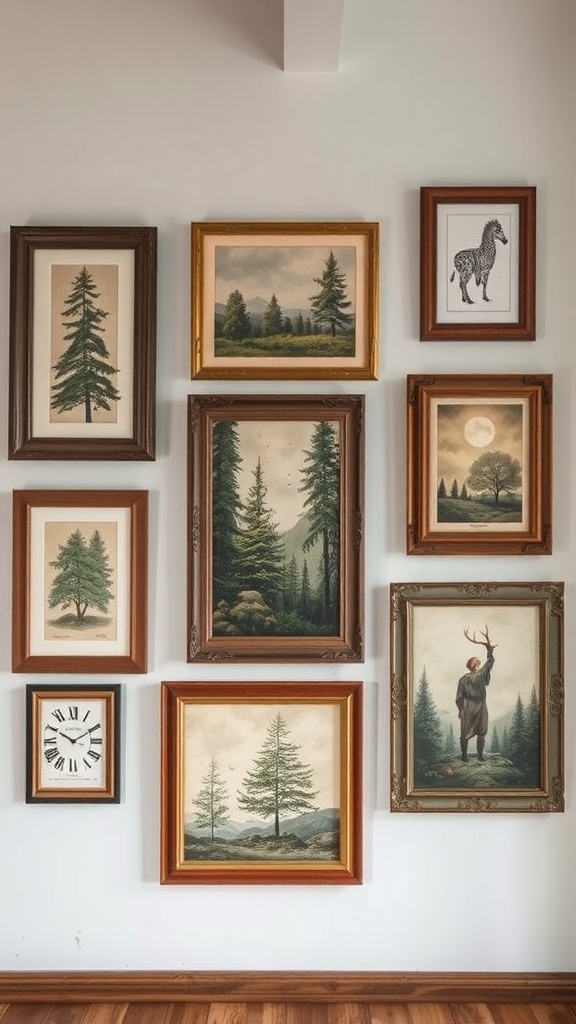 A collection of rustic wall art featuring nature scenes and vintage prints in various frames.