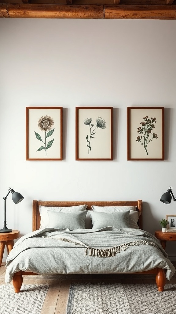 A rustic bedroom featuring botanical wall art in wooden frames.