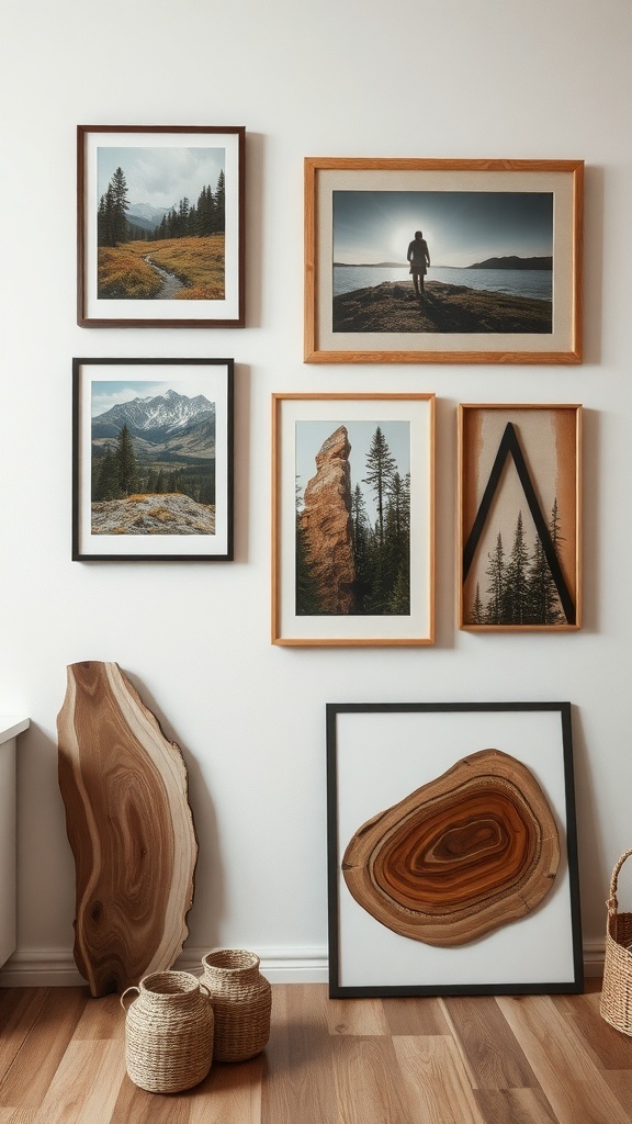 A collection of rustic wall art featuring nature landscapes and wooden decor.